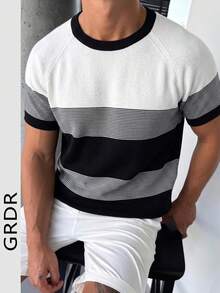 GRDR 1件男士插肩袖撞色复古修身短袖针织衫，春夏新品，圆领条纹套头T恤 - 黑色 - 查看 3