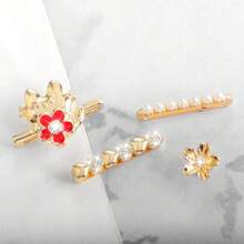 4pcs Cute Cartoon Cat & Flower Silicone Strap Decor, Heart Rhinestone & Pearl Decorative Ring - Gold - View 2