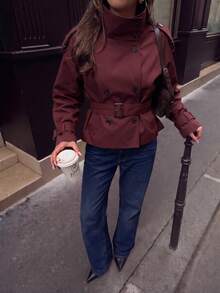 Autumn/Winter New Women's Solid Color Front Button Pocket Belted Casual Elegant Commuter Street Style Trench Coat Jacket Outerwear - Burgundy - View 6