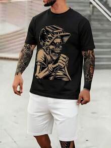 Men's Oversized Camouflage Print Short Sleeve Black Cotton T-Shirt - Casual Crew Neck Summer Tee with Retro Graphic, Machine Washable Shirt for Outdoor Activities, Travel & Weekend Getaways - Negro - Ver 1