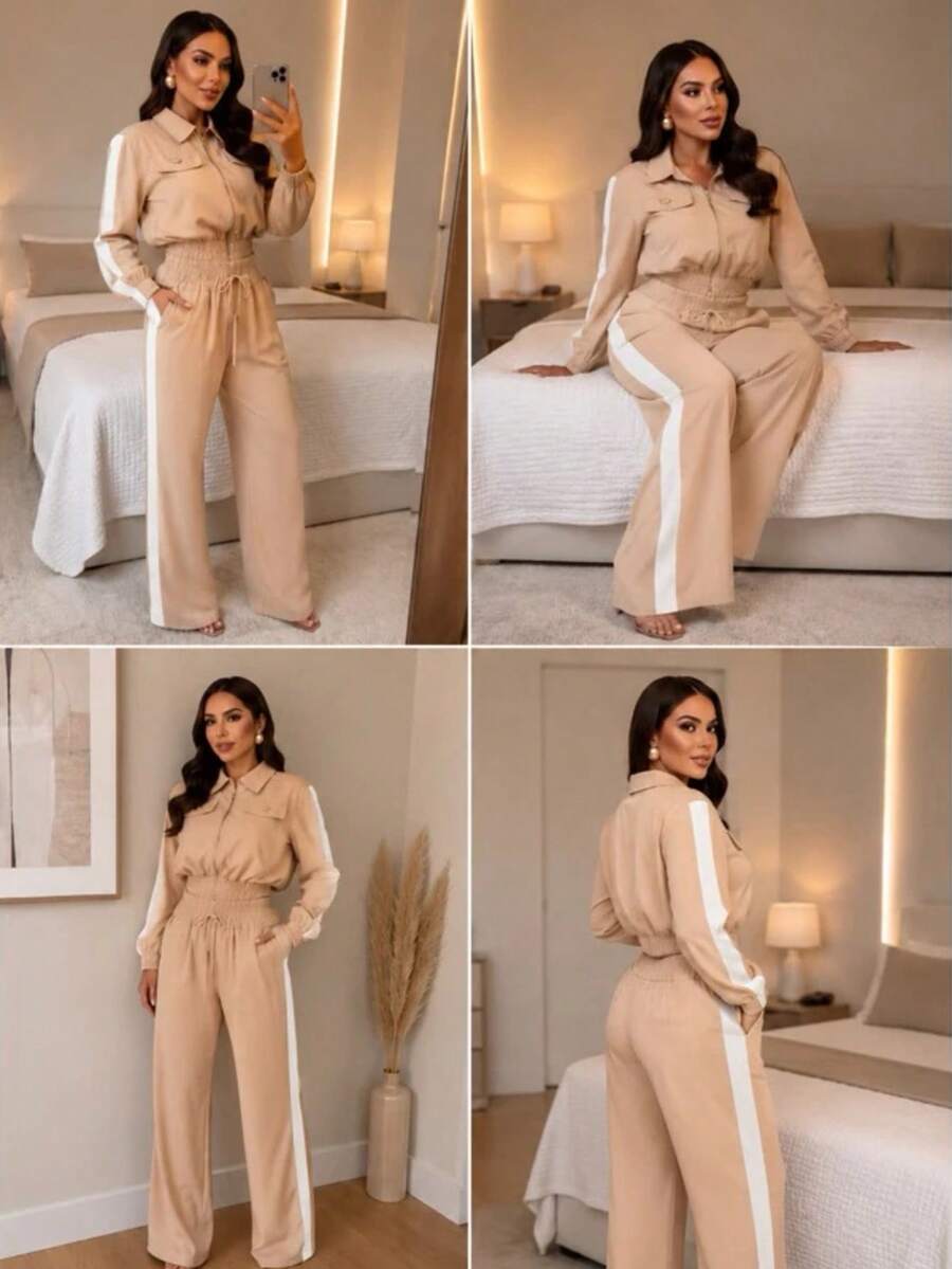 Women's Two-Piece Set: Long-Sleeved Jacket And Wide-Leg Pants - Beige With White Stripe - View 1