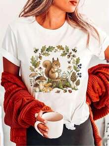 1 pieza de camiseta de mujer con estampado de ardilla y bosque - Blusa de corte holgado con cuello redondo y manga corta - Top compatible adecuado para uso diario, fiestas - Blanco - Ver 1