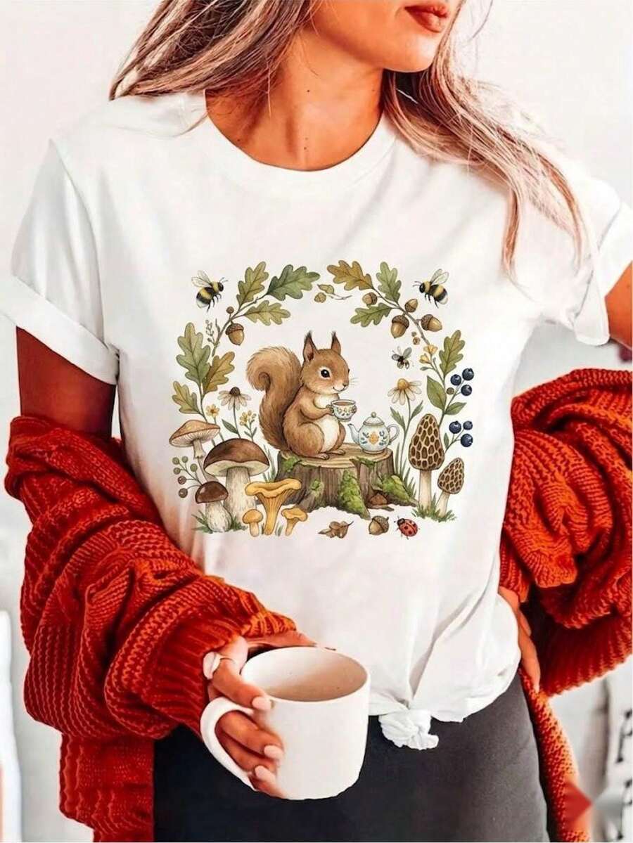 1 pieza de camiseta de mujer con estampado de ardilla y bosque - Blusa de corte holgado con cuello redondo y manga corta - Top compatible adecuado para uso diario, fiestas - Blanco - Ver 1