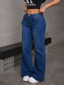 Jeans rectos y holgados de mezclilla lavado efecto levantador de glúteos elásticos sueltos varios colores disponibles - Azul profundo - Ver 3