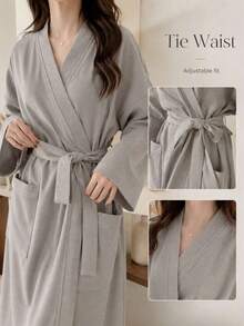 Unisex Waffle Knit Kimono Style Bathrobe, Absorbent Quick-Dry Soft, Loose Long Sleeve V-Neck, With Adjustable Waist Belt, Suitable For All Seasons, Hotel Spa Home Essential - Multicolor - View 7