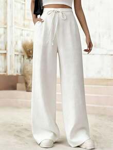 Women's Linen Palazzo Pants, Adjustable Waist With Drawstring, Side Pockets, Casual And Breathable For Vacations - 白色 - 查看 3