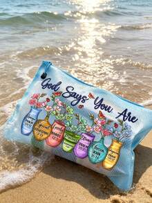 A4 多色時尚網格沙灘包，PVC 化妝包與化妝盒，印有「God Says You Are」花卉圖案，沙灘主題。大容量透明化妝包，尼龍拉鍊盥洗包，輕量，可收納防曬乳、零食、比基尼與沙灘必需品。返校季、教師感謝、教師節禮物。 - 彩色 - 查看 3