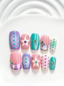 10Pcs Dopamine Style Handmade Press On Nail,Polygel Nail Set,Colorful Rhinestone Accents,Purple And Green Nail Polish,Stylish Style,Includes Nail Tools,3 Sizes Available,Square,Short Square,Almond,Nails For Party,Dance,Daily Wear. - 彩色 - 查看 4
