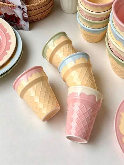 Cute Melting Ice Cream Cone Shaped Ceramic Mug, Waffle Texture Porcelain Coffee Cup, Aesthetic Macaron Color Drinkware, Home Kitchen Table Decor, Unique Breakfast Milk Water Cup