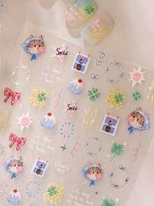 1pc 5D Sweet Cute Kitten Nail Art Stickers, Four-Leaf Clover & Bow Nail Decals, Self-Adhesive Nail Patches, Summer DIY Nail Art Accessories, Easy Nail Stickers, Best Nail Supplies For Girls And Women, Suitable For St. Patrick's Day And Cute Party Events - Multicolor - View 1