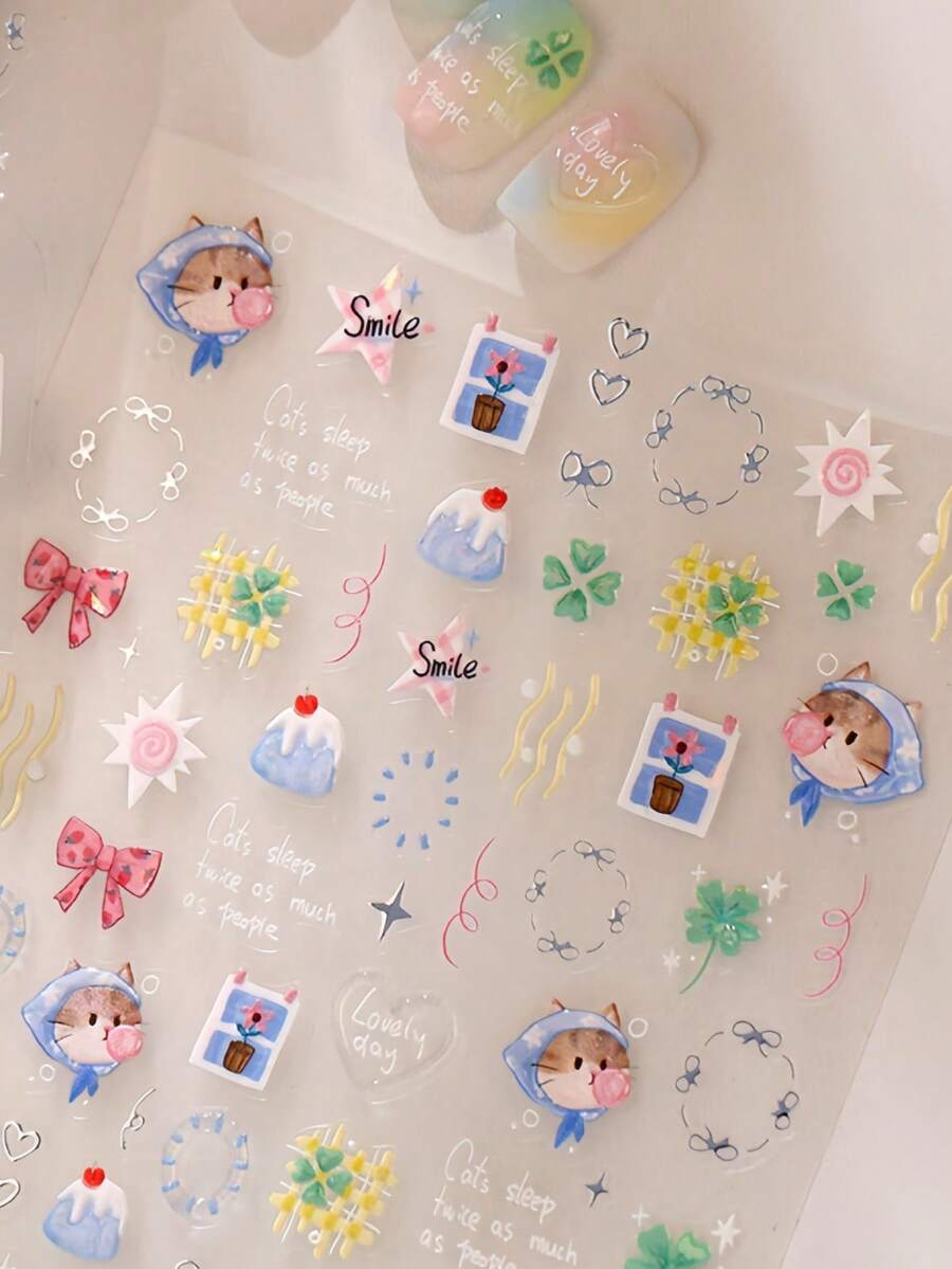 1pc 5D Sweet Cute Kitten Nail Art Stickers, Four-Leaf Clover & Bow Nail Decals, Self-Adhesive Nail Patches, Summer DIY Nail Art Accessories, Easy Nail Stickers, Best Nail Supplies For Girls And Women, Suitable For St. Patrick's Day And Cute Party Events - Multicolor - View 1