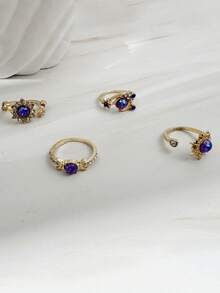 imoli 4pcs/Set Bohemian Beach Vacation Sun Moon Star Purple Faux Gemstone Sun Rhinestone Faux Amethyst Open Ring Set Stackable Rings, Perfect Gift For Travel, Friends And Besties - 32755-ring-purple-eP - View 4