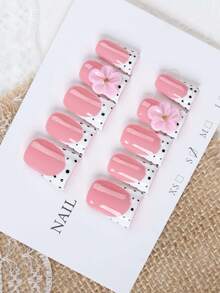 10Pcs Sweet Style Duck Bill Press On Nails, Nude Pink Polka Dot French False Nails Decorated With 3D Pink Flowers And Gold Beads, Glossy Handmade Reusable Nail Tips For Daily Work, Dating And Travel, Ideal Gift For Women. - Follow Your Heart - View 8