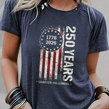 Women's Casual Cotton Short Sleeve Round Neck T-Shirt With American Flag 250 Years Vintage Print, Regular Fit Summer Top - 藏藍色1 - 查看 12