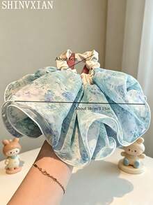 1pc Fairy Style Floral Mesh Scrunchie, Soft Breathable Large Fabric Hair Tie, Ideal Mother's Day Graduation Gift Ponytail Elastics Rubber Bands - Dusty Blue - View 2