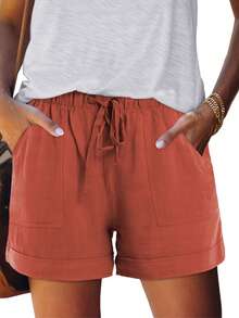 Women's Casual Shorts With Adjustable Drawstring, Elastic Waistband, Solid Color, Lightweight, For Summer Beach, With Pockets - 乳白色 - 查看 10