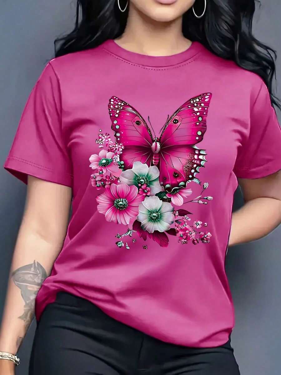 Camiseta con Estampado Floral de Mariposas en Rojo Rosa - Rosa - Ver 1