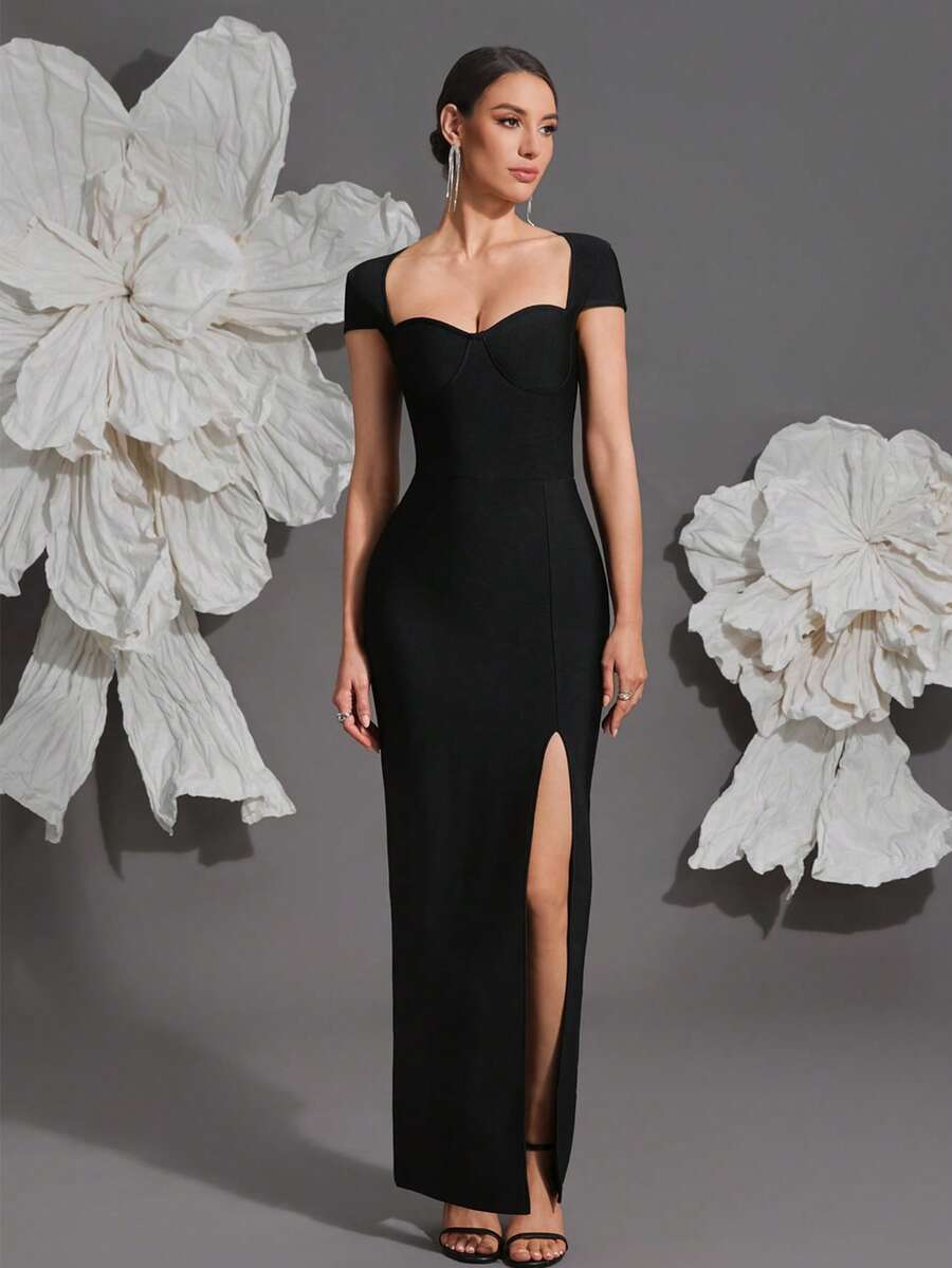 Strick-Bandage-Bodycon-Kleid, sexy figurbetonte Silhouette, luxuriöses europäisches und amerikanisches Design, Hochzeit, Schwarz, Party - Schwarz - Übersicht 1