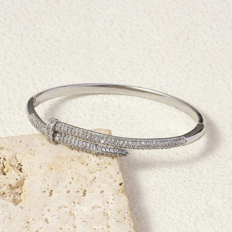 1pc Exquisite Buckle Nail Bracelet, Copper Micro-Inlaid Zirconia Jewelry, High-End Design, Openable Bracelet, Suitable For Holiday Gifts - Silver - View 1