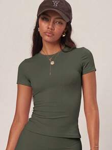 PinkTip Basic Top, High Waist Loose Fit, Summer Casual And Fitness Essential Sports - Army Green - View 4