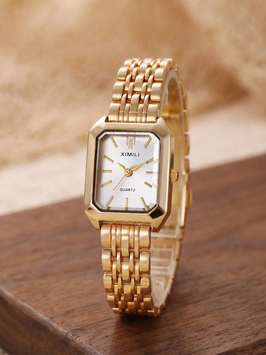 1pc Women's Gold Multi-Row Steel Band Square Watch, White Dial With Bar Index Markers, Luxury Business Quartz Wristwatch, Suitable For Daily Commute, Holiday Gift - Gold - View 1