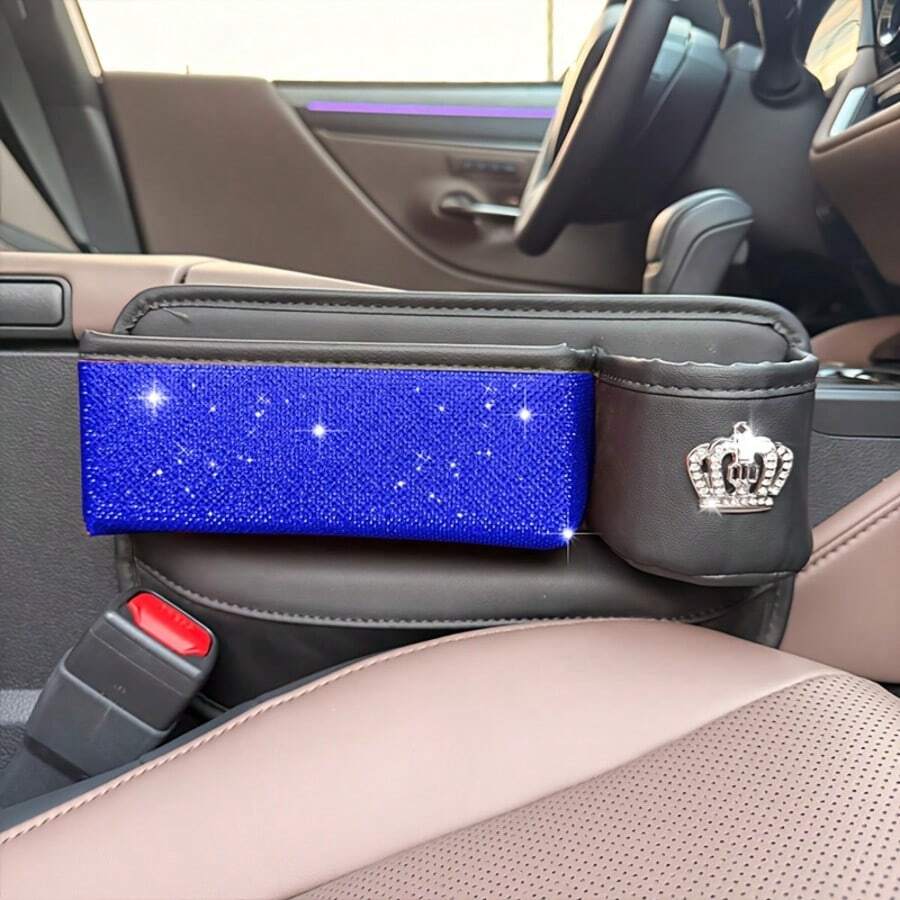 1 buah Tas Penyimpanan Samping Celah Berlian Mahkota, Kotak Penyimpanan Membran Kursi Mobil Berpayet dan Rhinestone dengan Tempat Gelas, Tas Penyimpanan Multifungsi Aksesori Mobil Elegan dari Kulit PU untuk Sisi Pengemudi, Modis, Cantik dan Praktis | Aksesori Mobil Dekoratif - Pengemudi - View 1