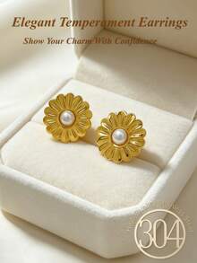 3pcs/1set Gold-Plated Daisy Pearl Pendant Necklace And Earrings Set, Floral Earrings For Women And Girls, Suitable As Mother's Gift, Christmas, Thanksgiving, Halloween, Wedding, Carnival Party/Ball/Gathering/Daily/Beach Accessories, Anniversary, Valentine's Day, Bohemian Style Jewelry, Birthday, Bridesmaid Gift. - Jewelry Set - View 4