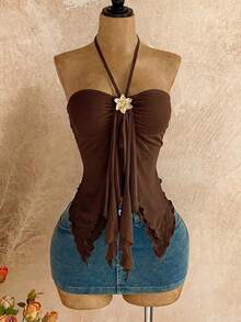 Top corto transparente de verano con cuello halter y accesorio metálico. - verde esmeralda - Ver 10