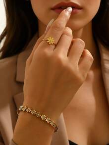 VceTd 1 Set Naturalistic Style Stainless Steel Jewelry Set For Women With Glass Decor Flower Elements, Includes Bracelet And Ring, Suitable For Fashionable Outfits Or Commuting, Perfect Holiday Gift For Female Friends - Yellow Gold - View 3