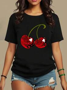 audaz de cerezas rojas - Cuello redondo, ajuste regular, lavable a máquina, comodidad para todo el año, regalo perfecto para cumpleaños y fiestas, ropa festiva, diseño divertido, cómoda.jpg - Negro - Ver 1