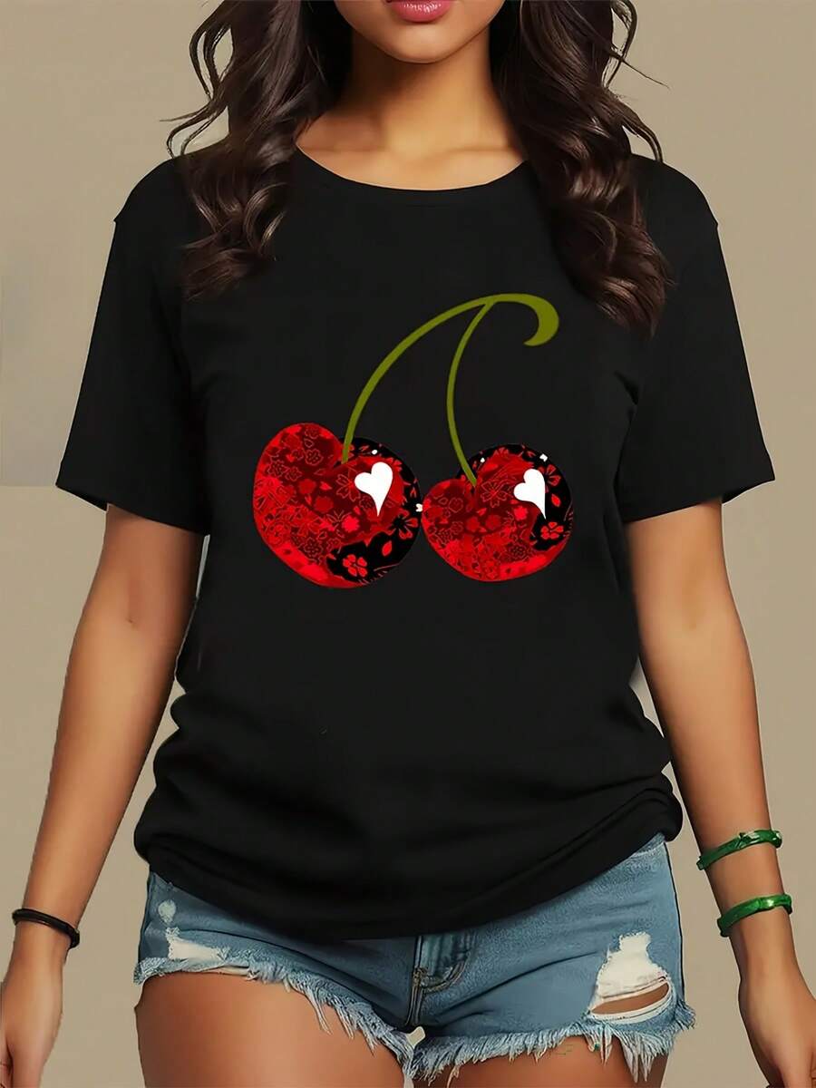 audaz de cerezas rojas - Cuello redondo, ajuste regular, lavable a máquina, comodidad para todo el año, regalo perfecto para cumpleaños y fiestas, ropa festiva, diseño divertido, cómoda.jpg - Negro - Ver 1