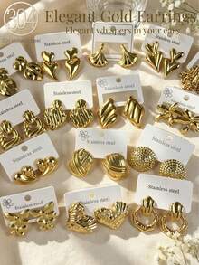 2/12 Pairs Women's Gold Stainless Steel Stud Earrings Set, Flower Heart Butterfly Leaf Vintage Symbol Earrings, Birthday Gift Set - Yellow Gold - View 2
