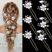 6pcs/Set Bridal Wedding Rhinestone Pearl Flower Alloy Leaf Hair Pin Set - 6-piece White Set - View 2