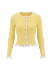 Yepolly-Pop Women Spring Autumn Ribbed Knit Cardigan, Butter Yellow Ruffle Trim Button Front Crop Top, Elegant Daily Wear - Yellow - View 10