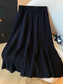 Elegant Women's Navy Blue Knit Maxi Dress, Long Pleated A-Line Silhouette, Mid-Stretch Slim Fit Design, Versatile For Autumn, Winter And Spring - Navy Blue - View 2