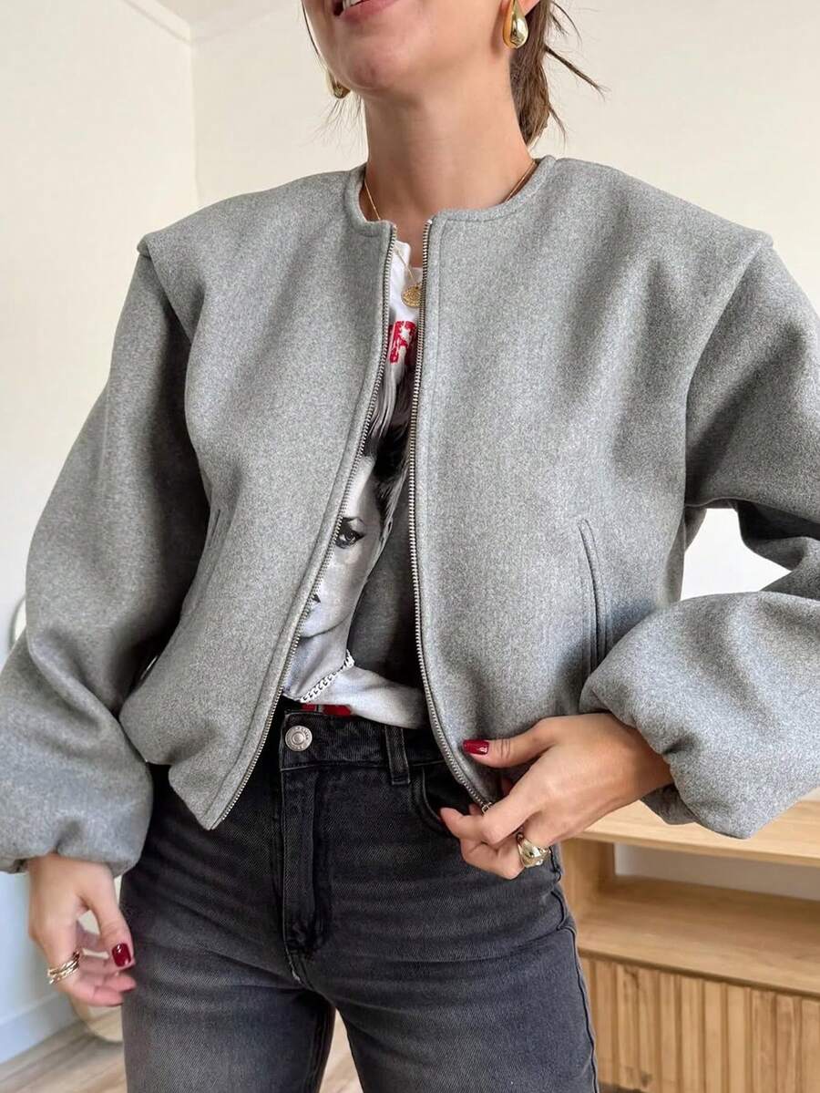 Women's Fashionable Versatile Solid Color Short Jacket, Autumn/Winter Casual - Grey - View 1