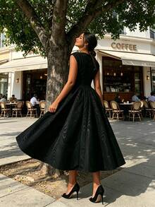 Women's Boat Neck Cap Sleeve Midi Dress, Corset Waist A-Line Flare Dress, Elegant Formal & Bridesmaid Dress - 黑色 - 查看 5