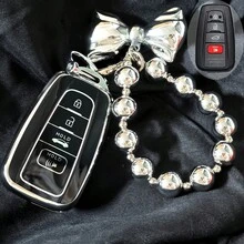 時尚金屬蝴蝶結吊飾汽車鑰匙套 2018-2022，適用於 RAV4、Camry、Corolla、Avalon、Prius、GT86、Highlander、C-HR，全包防摔防震耐刮遙控保護殼 - 豐田鑰匙殼搭配時尚金屬感蝴蝶結掛件 - 查看 6