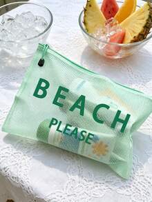 多色防水時尚網格沙灘包，附「Beach Please」印花化妝包，沙灘主題。大容量透明化妝包，尼龍拉鍊盥洗包，輕便，可收納防曬乳、比基尼和沙灘必需品。春夏收納，適合游泳、沙灘、潛水和夏季假期，學生返校，輕便防曬收納包，適合朋友、家人、好友、同學。完美的生日、節日、派對、婚禮（伴娘）、郵輪禮物和紀念品 - 彩色 - 查看 9