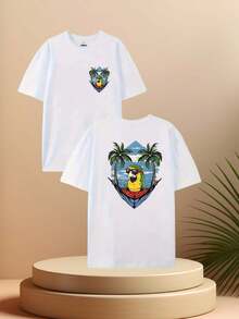 Camiseta de hombre con estampado de doble cara, patrón geométrico reversible, corte holgado, cuello redondo, estilo casual, versátil para uso diario, lavable aáquina. - Blanco - Ver 1