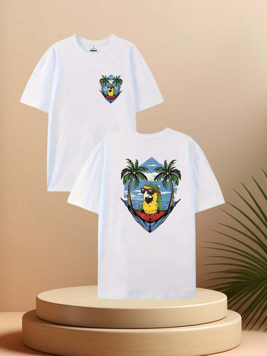 Camiseta de hombre con estampado de doble cara, patrón geométrico reversible, corte holgado, cuello redondo, estilo casual, versátil para uso diario, lavable aáquina. - Blanco - Ver 1