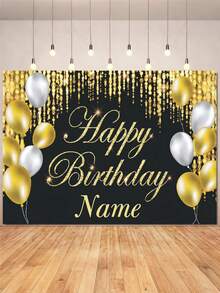 Customizable Name & Birthday Theme Backdrop, Black & Gold Background, Gold Balloons & Glitter Decor, Ideal For Birthday Party Cake Table, Photography Banner, Vinyl Material, Party Glam - Black Gold - View 3