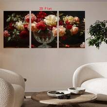 3 Stücke Set klassische Ölmalerei Windglas Vase Blumen Leinwandposter, europäischer Retro-Malstil, geeignet für Wohnzimmer Sofa Hintergrundwand, Esszimmer, Arbeitszimmer, Büro Wandkunst Dekoration optionaler Rahmen - Mehrfarbig - Übersicht 7