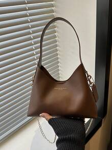 Solid Color Versatile Practical Letter Decor Gold Chain Women's Crossbody Bag, Suitable For Shopping, Wallet, Shopping, Young Women, College Students, Newcomers, White-Collar Workers. They Are Perfect For Office, University, Work, Business, Commuting, Outdoor Activities, Travel And Outings - Coffee - View 4