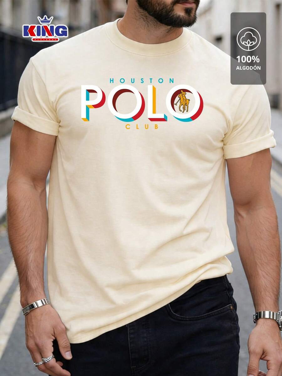 Original HPC POLO T-Shirt With Round Neck And Short Sleeves – Themed Graphic Design "HPC: Retro Typography Houston" – 100% Cotton - 米色 - 查看 1