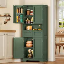 Kitchen Pantry Cabinet With Adjustable Shelf, Tall Storage Cabinet With 2 Drawers & 4 Door Shelves, Food Pantry Cabinets, For Kitchen, Dining Room, Living Room, Green - 綠色 - 查看 9
