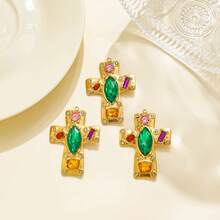 3pcs/Pack Vintage Style Stainless Steel Multi-Color Zirconia Inlaid Cross & Rainbow Bear Pendant, Suitable For Women DIY Accessories, Date Wear - Gold; Steel - View 2