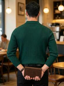 ALTZTAR Kemeja Polo Rajut Garis-garis Lengan Panjang Tipis Longgar Pria, Minimalis & Modis, Cocok untuk Perjalanan Sehari-hari di Musim Semi/Gugur - Dark Green - View 2