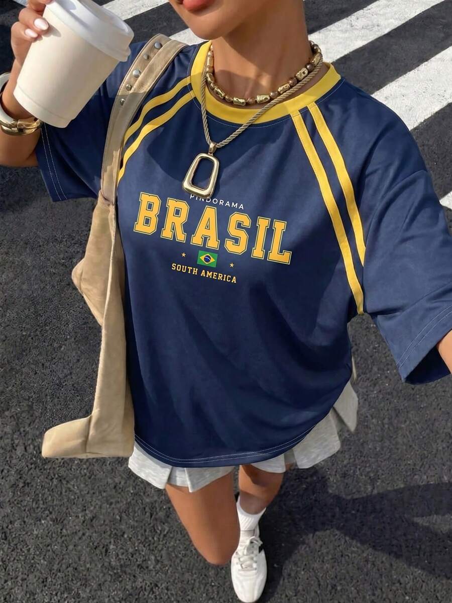 海军蓝和黄色“BRASIL”字母印花宽松运动T恤，Y2K巴西球衣风格休闲短袖女式夏季T恤 - 藍色 - 查看 1