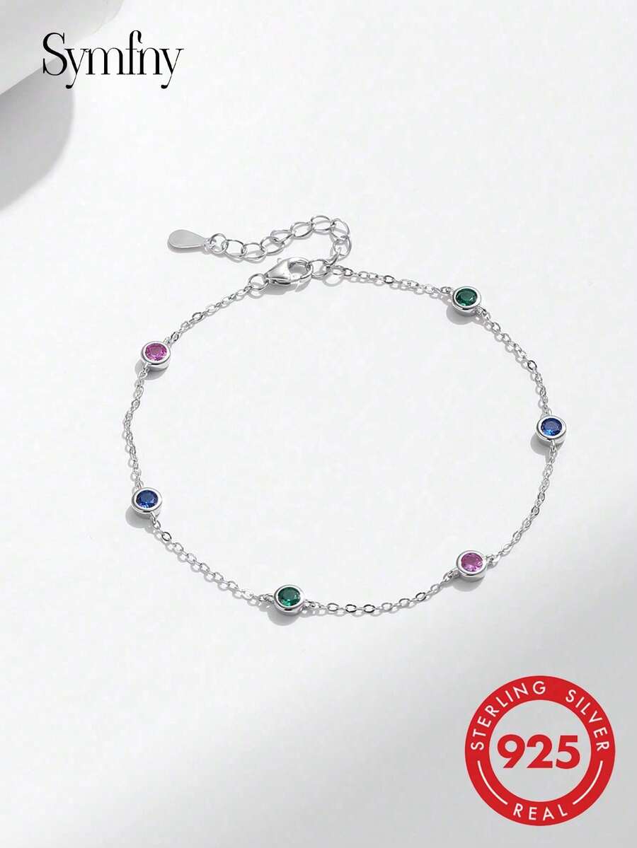 SYMFNY 1 Pulsera De Cuentas De Circonita Sintética De 5 Colores De Plata Esterlina 925